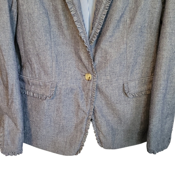 J.Crew Regent Blazer Size 14 Blue 100% Cotton Ruffle Trim Structured Jacket - Picture 8 of 13